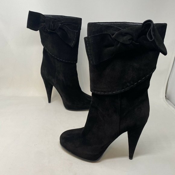 Christian Dior Dress Boots 38.5 8 Black Suede Bow Round Toe Party High Heel Shoe - Picture 4 of 11
